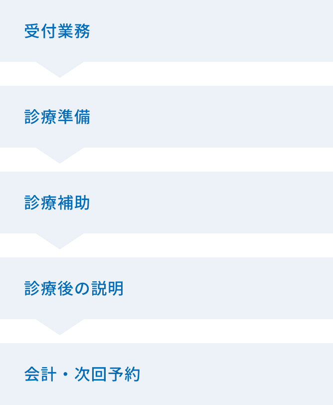 受付業務→診療準備→診療補助→診療後の説明→会計・次回予約